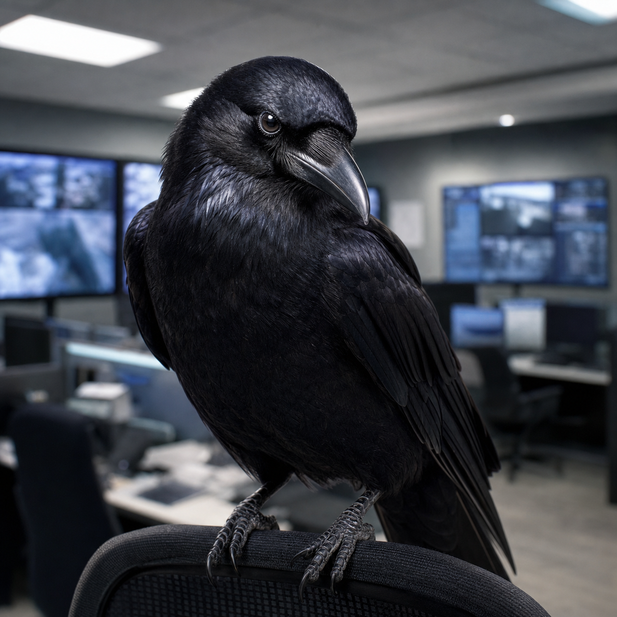 A black crow perched indoors near office monitors